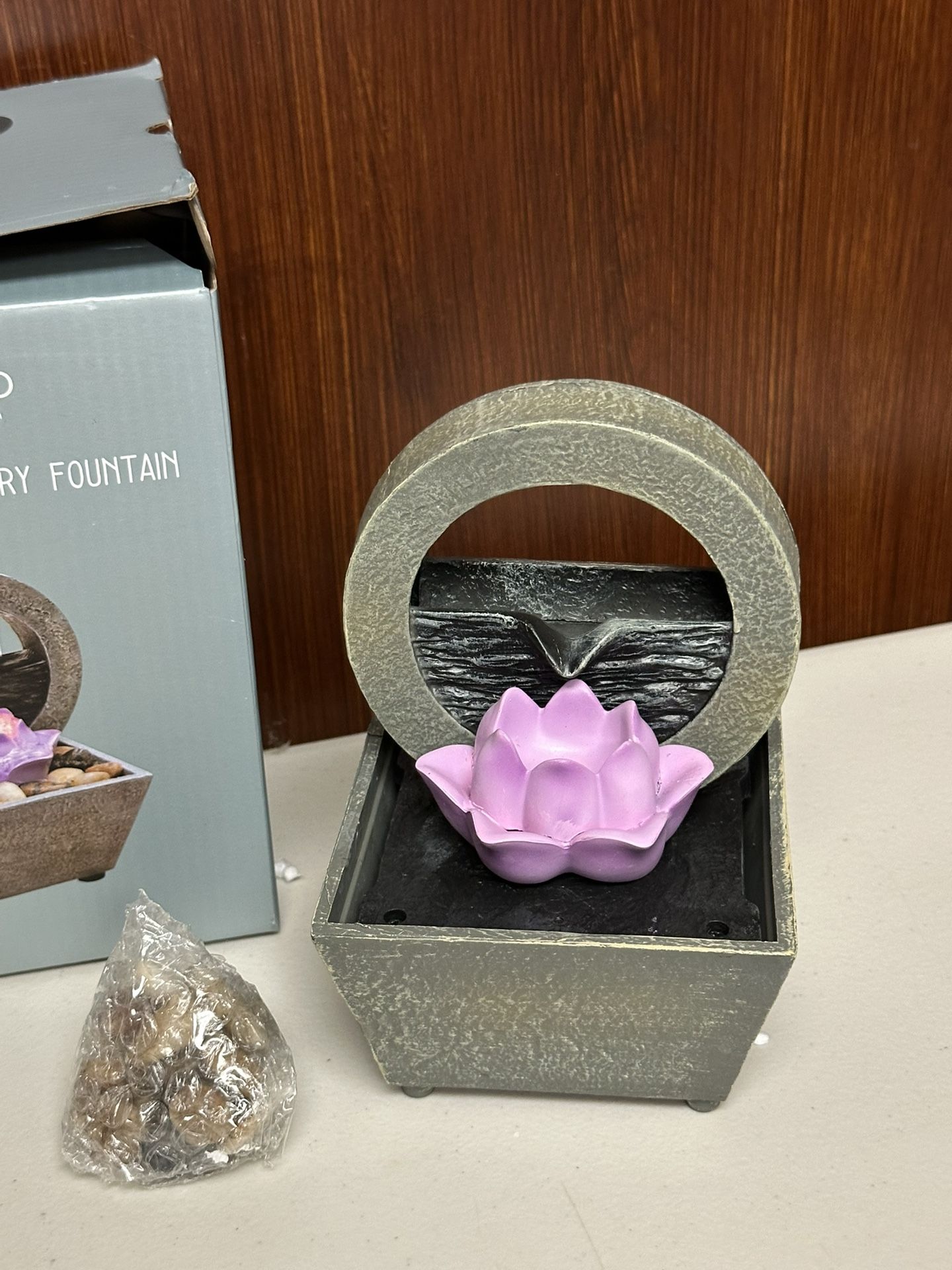Gray and Pink Lotus tabletop Water Fountain 