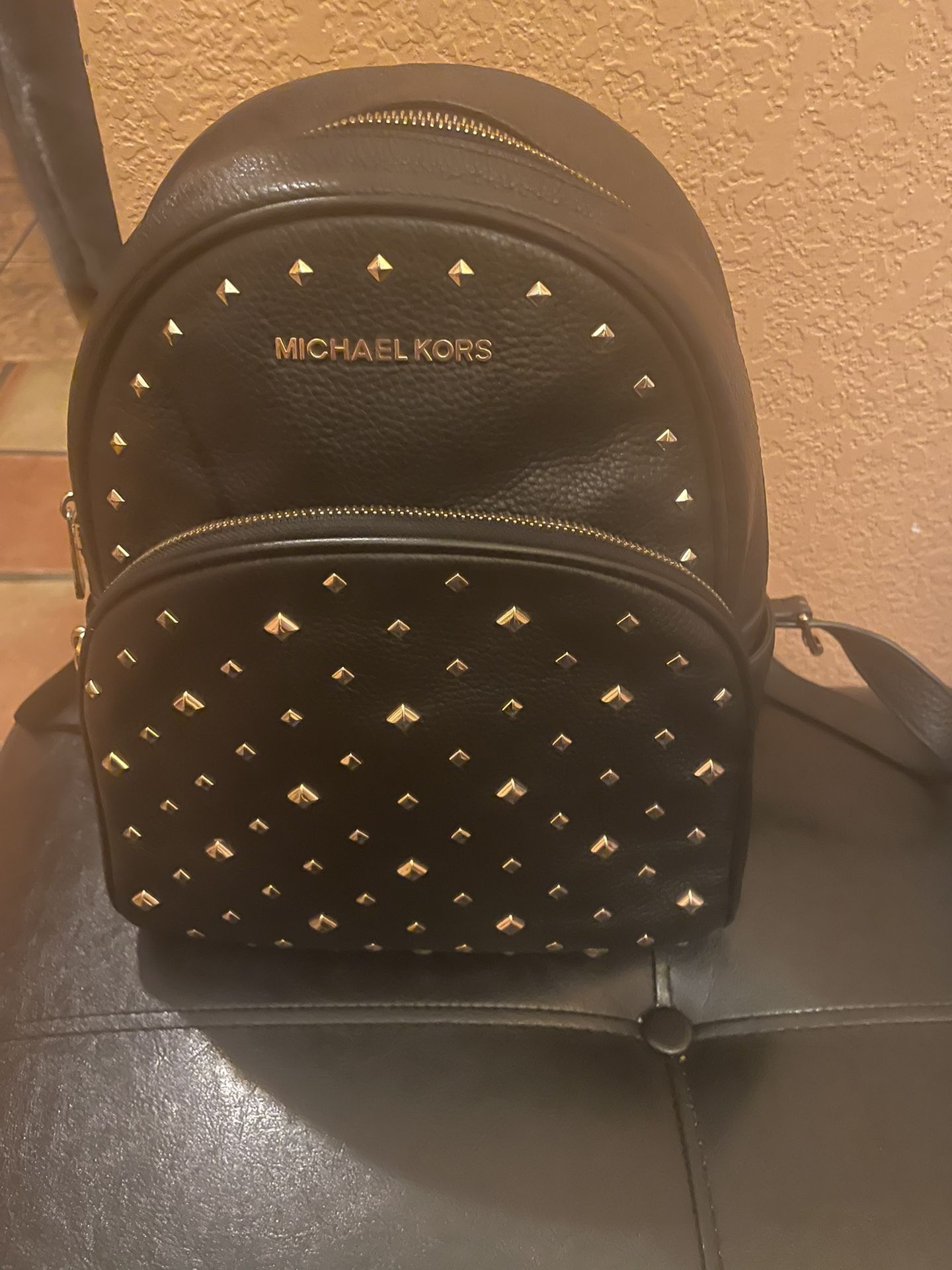 Michael Kors Medium Backpack Black & Gold Tone Studded Leather Womens Abbey Backpack And 