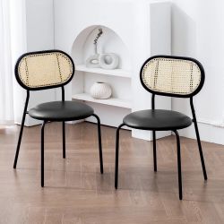 set of 2 Rattan Dining Chairs 18 in. with Faux Leather Seat - 32.48''H X 18.31'' W X 19.88'' D - Black-Faux Leather
