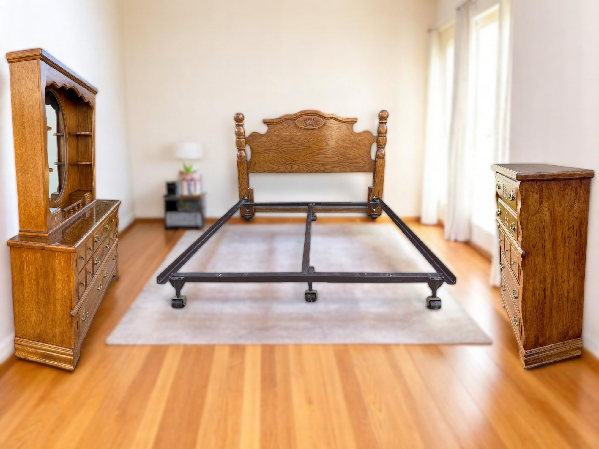 4-Piece Oak Wide Dresser w/ Hutch, Tall Dresser & Queen Bed Frame Set