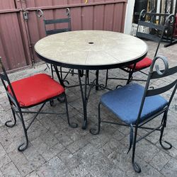 4 Metal Chairs w/ Cushions & Metal/Tile Top Table