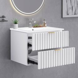 24 Inch Bathroom Vanity with Sink Combo, Floating Bathroom Vanity with 2 Fluted Drawer & Metal Handles, Modern Wall Mount Bathroom Cabinet 