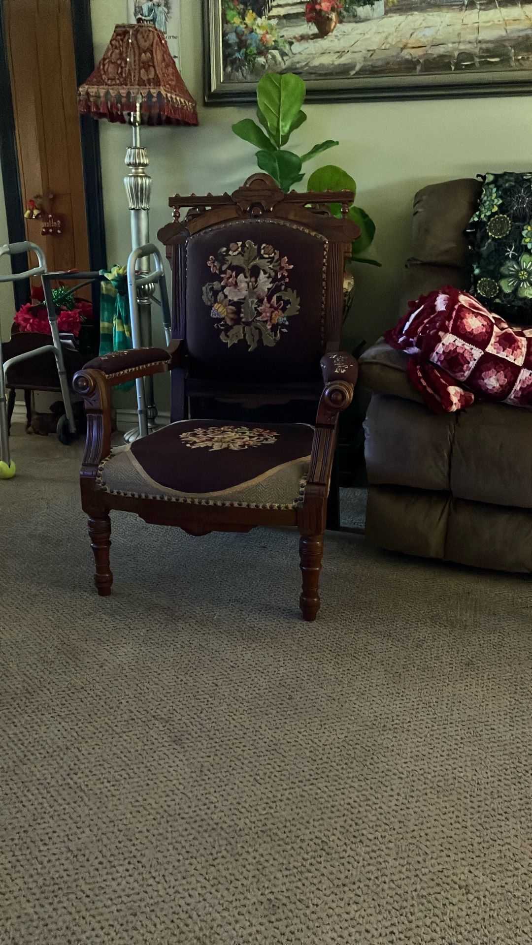 Beautiful old needlepoint chair, perfect condition use just for display no tears no scratches very nice a lot of workmanship