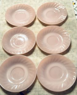 Set of 6 Vtg. FIRE KING Pink Swirled Edge Saucers 5 3/4" U.S.A. Excellent Condition