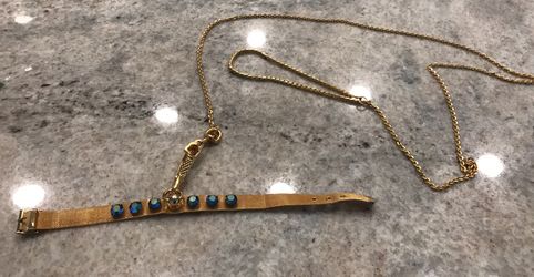 Beautiful Chain Gold Tone Collar And Leash/Chain With Blue Rhinestones BLING For Extra Small Dog Or Puppy. Make A Reasonable Offer