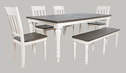 Madison County Vintage White Ext Dining Dining Table w/ 4 Chairs, Bench