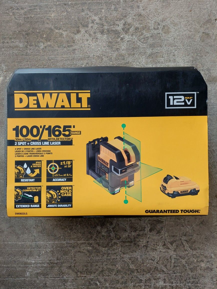 New Dewalt Self-Leveling 2-Spot And Cross Line Laser Level kit 12V.