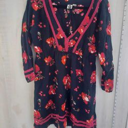 Roxy Long Sleeved Black Dress Short Length Beach Brand Red Pink Floral Print Womens Size Med