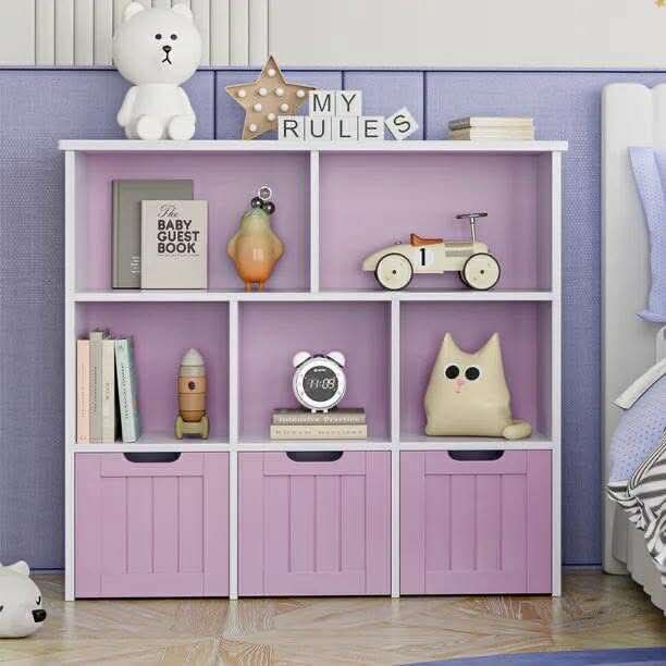 Toy Storage Organizer with 3 Movable Drawers, 5 Cube Bookcase for Playroom, Storage Cabinet for Living Room, Pinkish Purple Finish