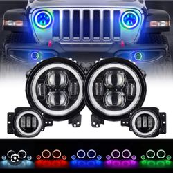 Set Of Headlights And Fog Lights Led Projectors With Drl RGB Halos 
