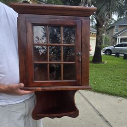 Lovely Vintage Wood And Glass Hanging Corner Cabinet