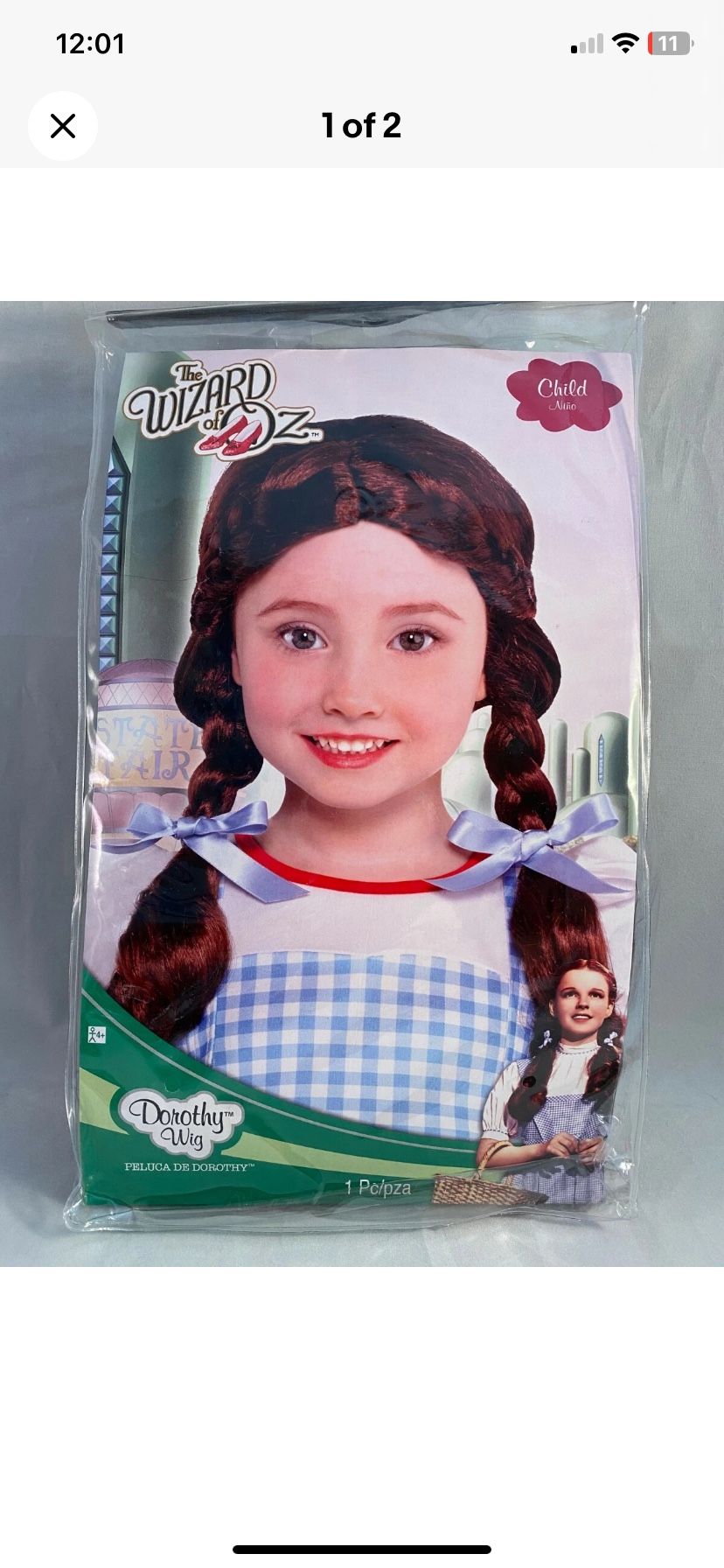 Dorothy Wizard of Oz wig child size Halloween accessory