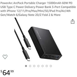 Portable Charger 15000mAh 60W PD USB Type C Power Delivery Power Bank 3-Port for iPhone 12/11/Pro/Max/Mini/SE/iPad Pro/Air/4th Gen/Watch 6/Galaxy Not