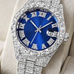 Iced Out Blue Dial Watch – Brand New