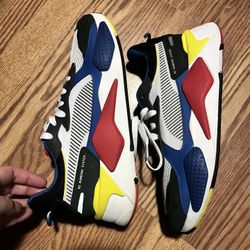 PUMA RS-X Toys Men Sz 9 Sneaker Shoe White Yellow Red Black Suede 369449-02 EUC