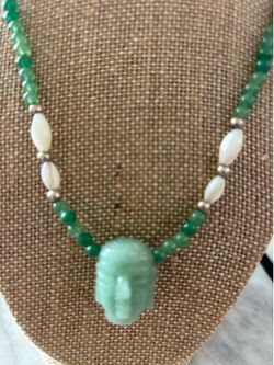 Vintage Green Jade,Malachite & Pearls Necklace with a Jade Pendant featuring a Buddha head. 10” long
