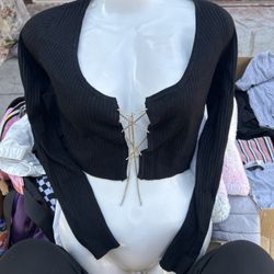 Black Ribbed Knit Crop with Rhinestone Tie