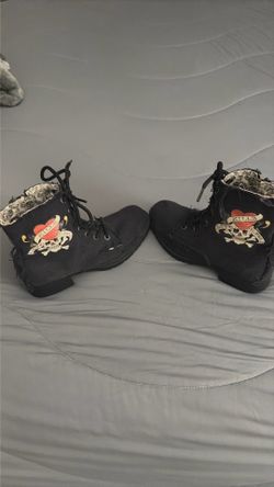 Ed Hardy denim riding boots w/zipper side