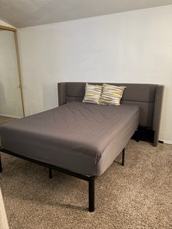 FOR SALE: QUEEN BED & Gray Upholstered Headboard w Metal Bed Frame