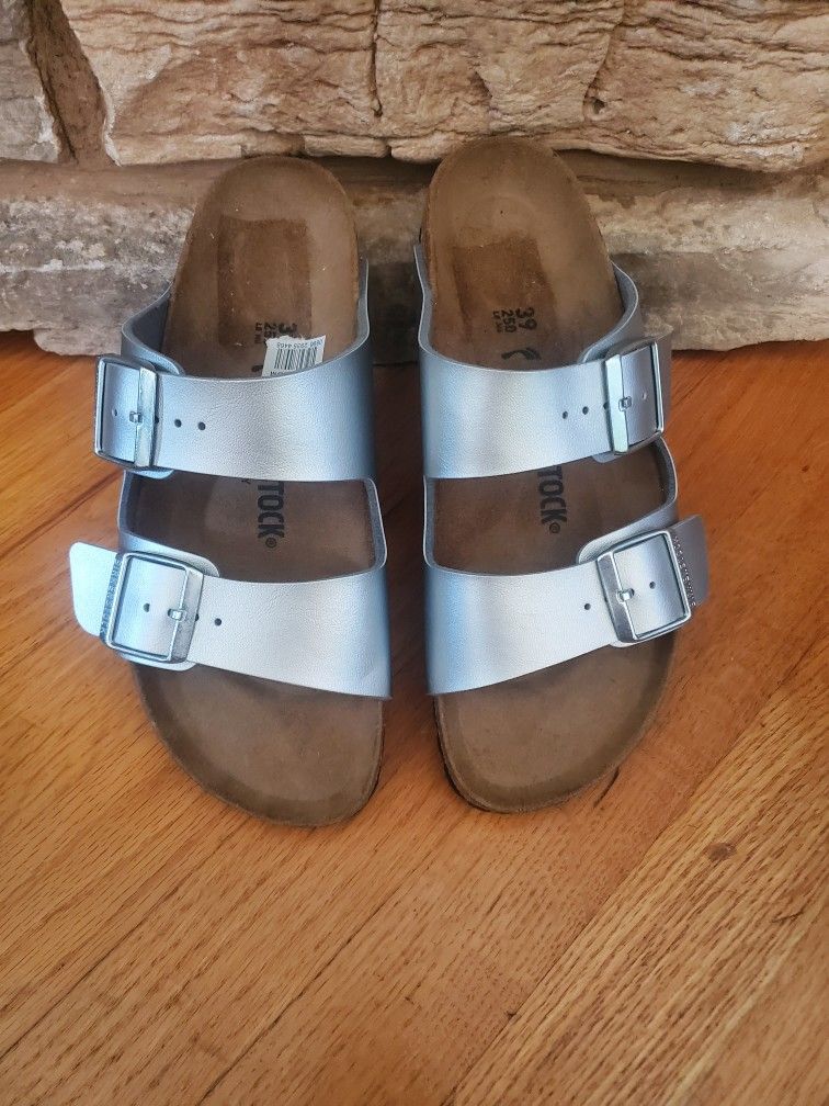Birkenstock Arizona Birko-Flor Sandals Silver Color 39 US Size 8 Men 6 NEW