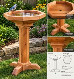 Cedar Wood Pedestal Bird Bath with Drain