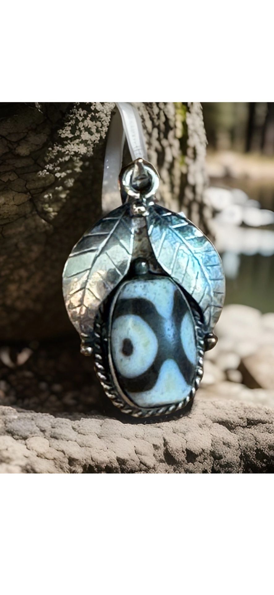 Vintage & Handcrafted Ethnic Tibetan Agate Stone(Dzi) Pendant Set In Silver 2”in & 4.51grams