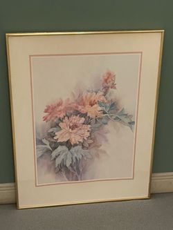 Medium-sized (31.5"H x 24"W) framed FLORAL WATERCOLOR Print - firm posted price.