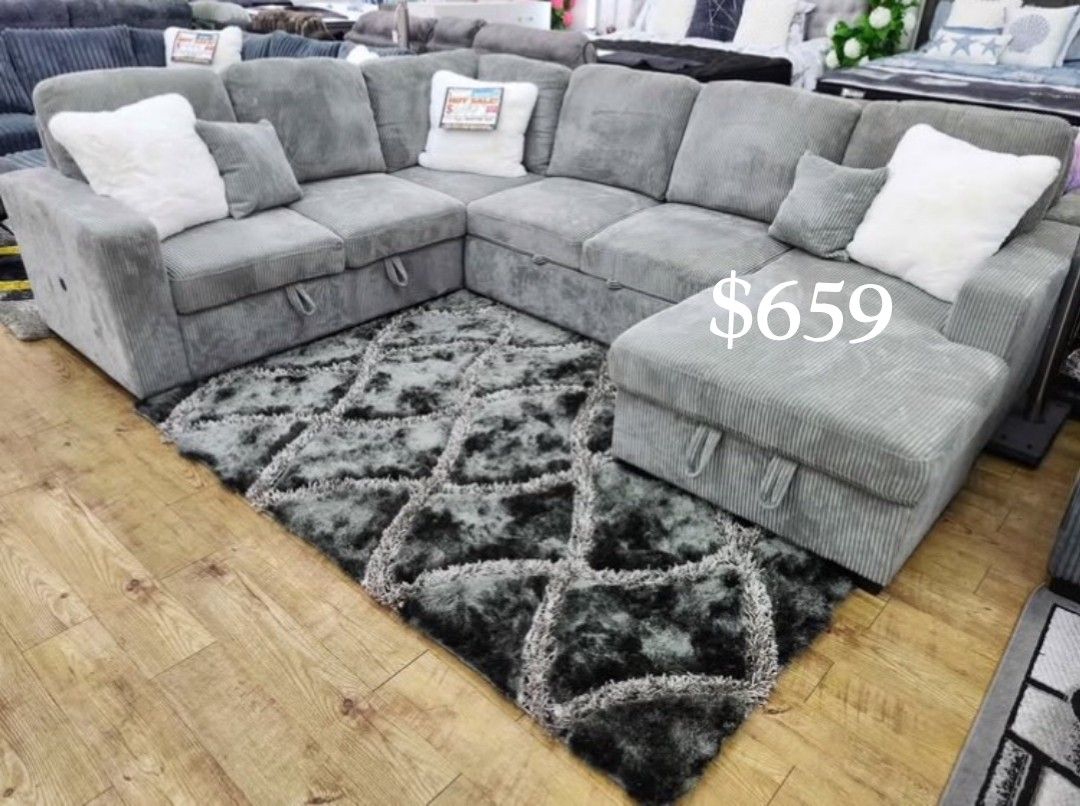 Elegant 4-Pc Corduroy Convertible Sectional Sofa With Pullout Bed & Double Storage