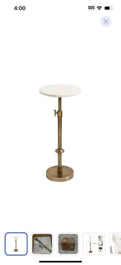 Kate and Laurel Engles Traditional Adjustable-Height Pedestal Drink Table, 10 x 10 x 30, White Marble and Antique Brass, Vintage Round Indoor Metal Pl