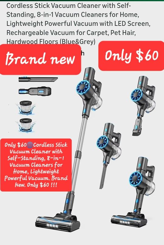 $60🌐Cordless Stick Vacuum Cleaner with Self-Standing, 8-in-1 Vacuum Cleaners for Home, Lightweight Powerful Vacuum. Brand New. Only $60 !!!
