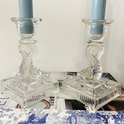 Vintage 1950s Clear Glass Chinese Dolphin/Koi Candle Holders – Pair
