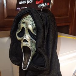 Fun World Scream VI Ghost Face Aged Deluxe Costume Mask w/ Extended Sparkle Hood - Halloween Masks

