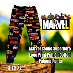 Marvel Superhero Logo Print Pull On Cotton Pajama Pants, Size XL (Black) 
