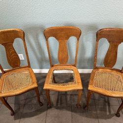 3 Antique Victorian Quarter Sawn Oak Caned Dining Chairs 