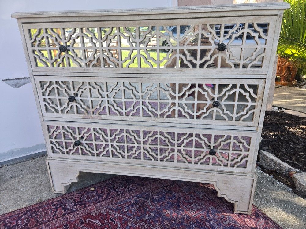 Contemporary mirrored ornate design Moroccan Asian inspired overlay triple chest dresser nightstand Console