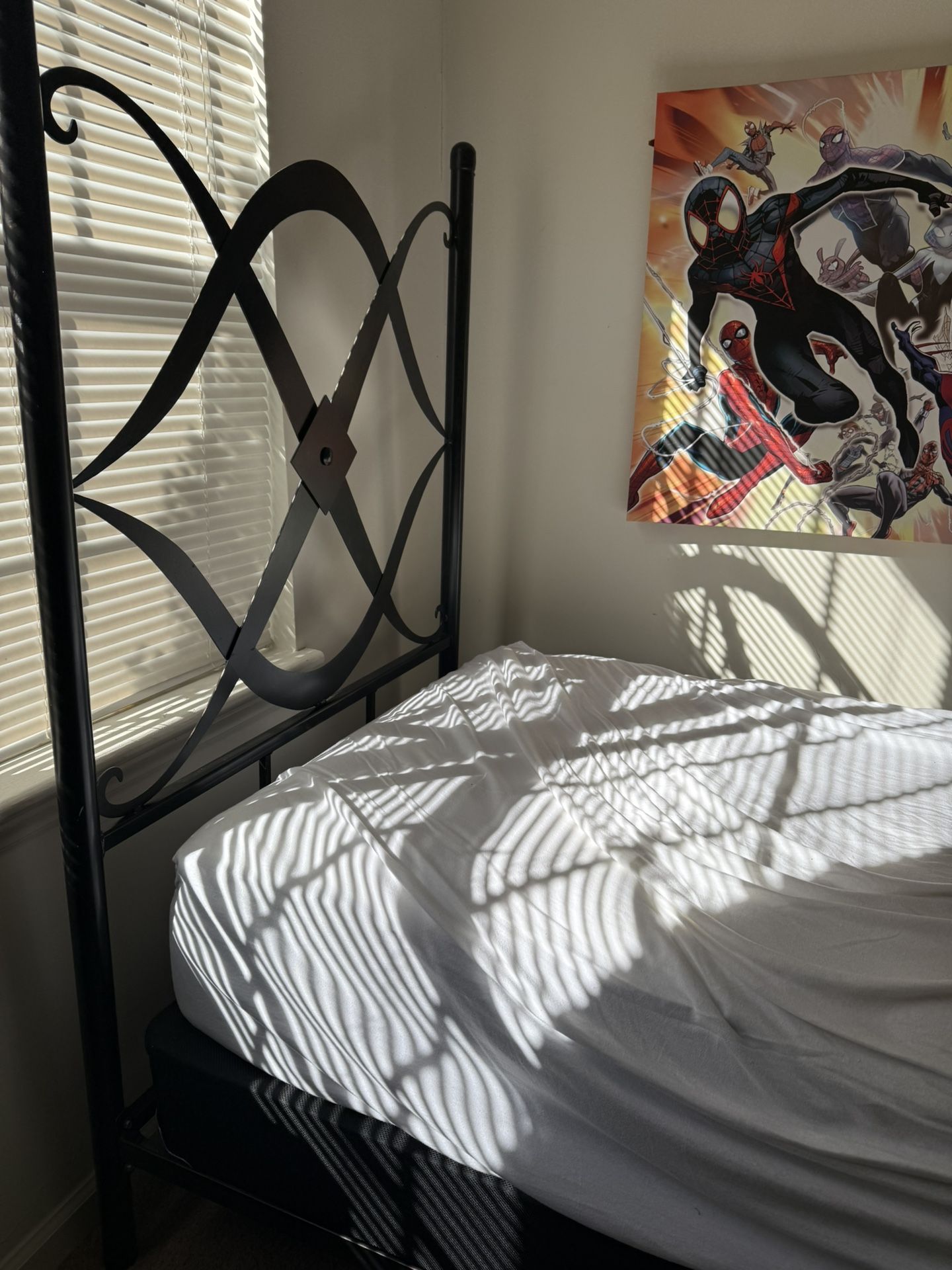 Lightly distressed steel frame twin bed + mattress