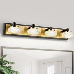 7Degobii 4-Light Bathroom Vanity Light Fixture Over Mirror Modern LED Acrylic Wall Lights For Bathroom 26" Inch Long Dimmable Black And Gold Color 400