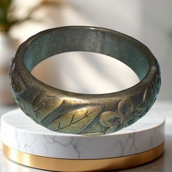 Vintage Brass Bangle Bracelet Embossed/Stamped Flowers Leaves 