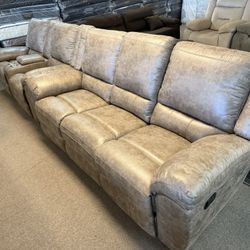 $1199 NEW TAN BROWN LEATHER SOFA AND LOVESEAT  RECLINER WITH STORAGE AND CUP & BEER HOLDERS