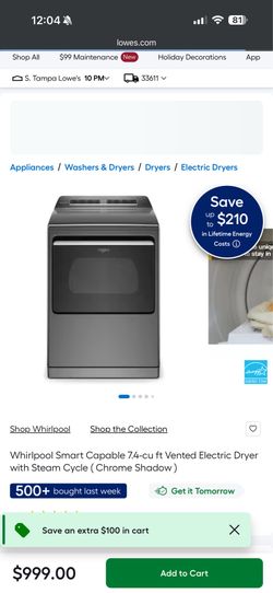 Whirlpool Smart Capable 7.4-cu ft Vented Electric Dryer with Steam Cycle (Chrome Shadow)