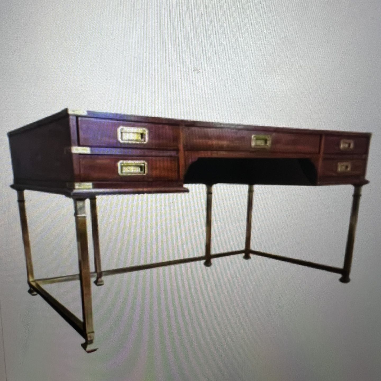LAST CHANCE - 1970s Campaign Mahogany  Desk With Brass Legs By Sligh