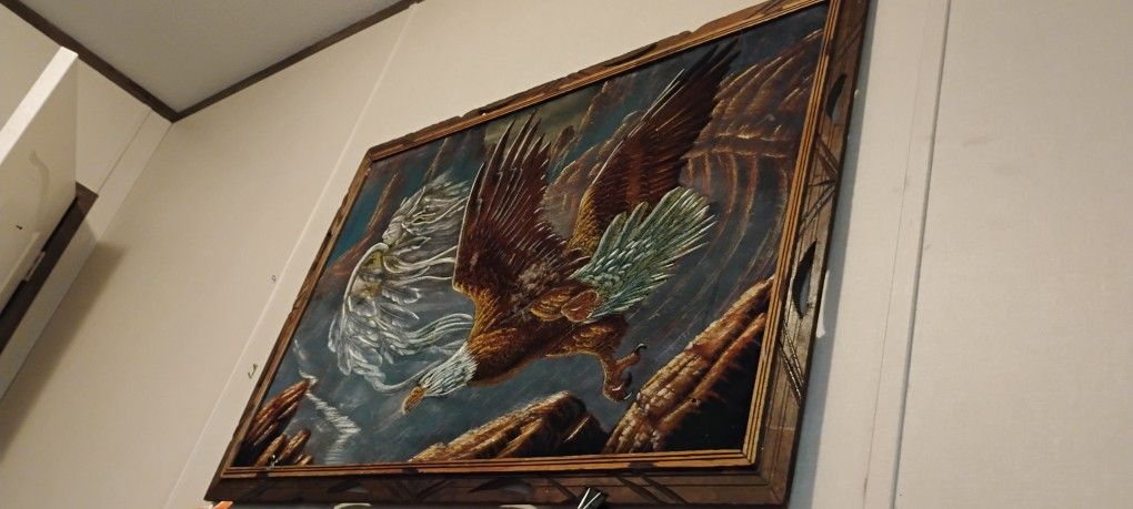 Vintage Ernesto Sanchez Velvet Canvas Of Bald Eagle