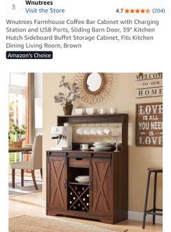 Wnutrees 39” Farmhouse Coffee Bar Cabinet Charging Station/USB Ports, Sliding Barn Door, Brown New
