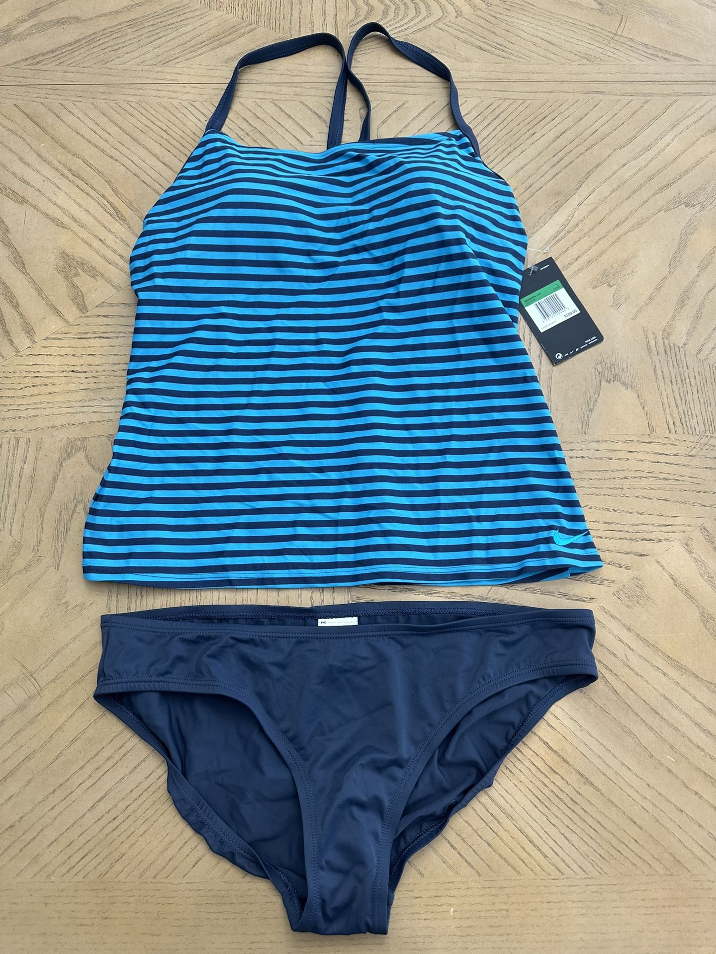 Nike Swimsuit Women’s 2pc Tankini Navy Blue Teal Striped Racer Back Tank Bikini Size large