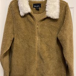 Denim And Co. Sherpa Jacket with Faux Fur Collar Size Medium Goldenrod Brown 