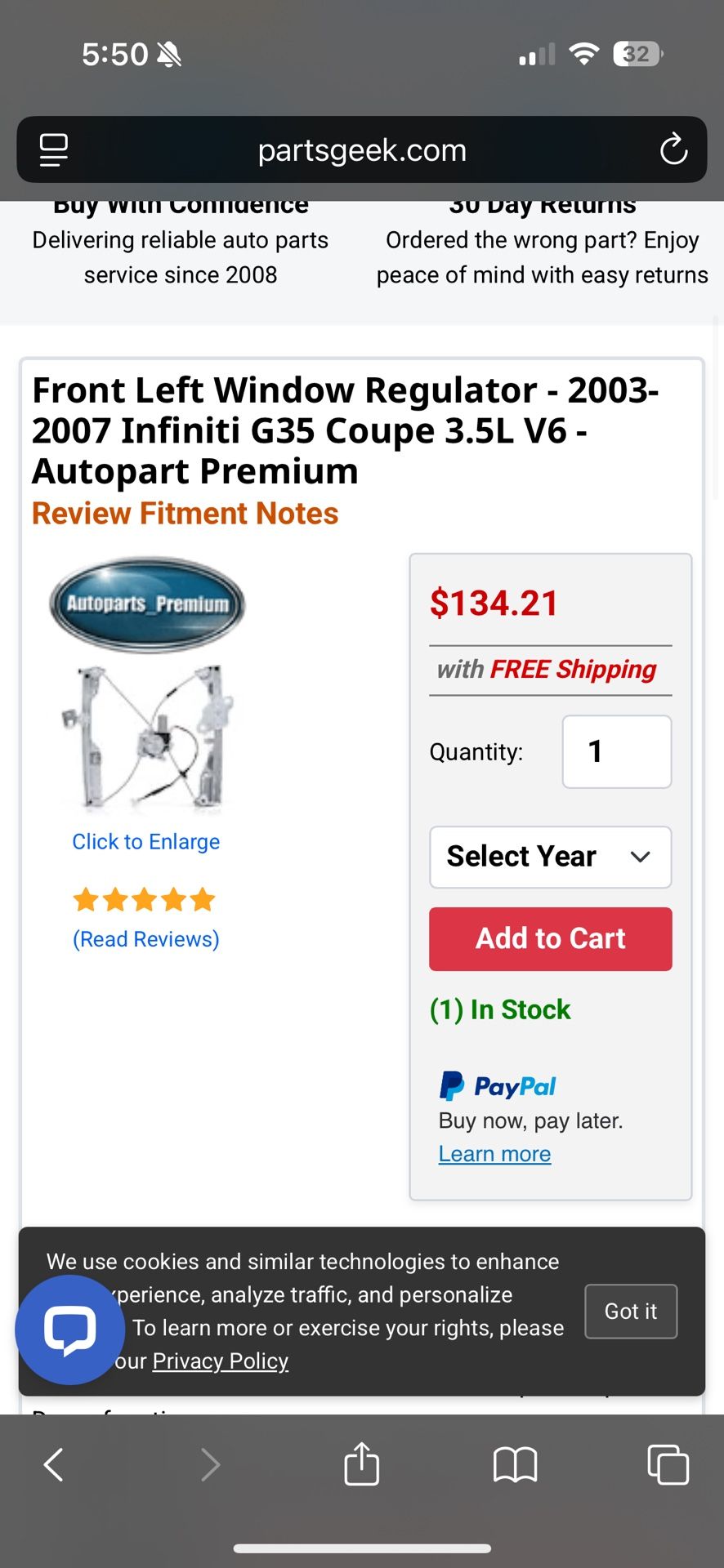 2004 Infiniti G35 Window Regulator