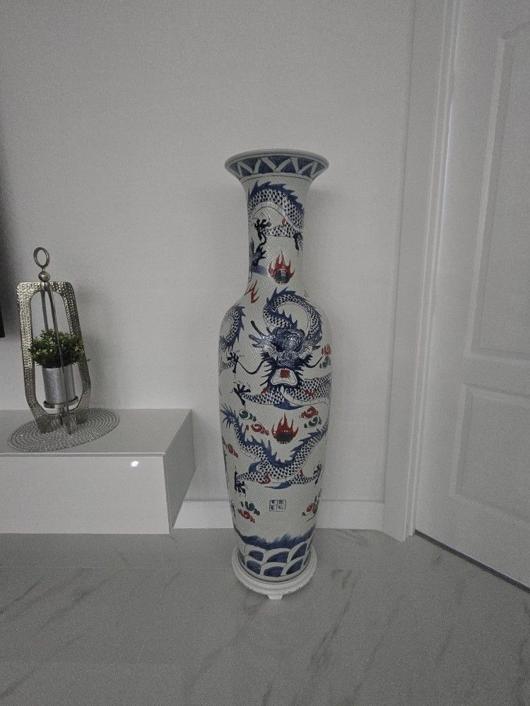 Pair Large Asian Vases With Stand 5 ft Tall