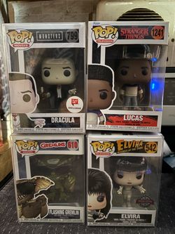 Funko Pop Lot of 4 – Dracula, Lucas, Flashing Gremlin, Elvira