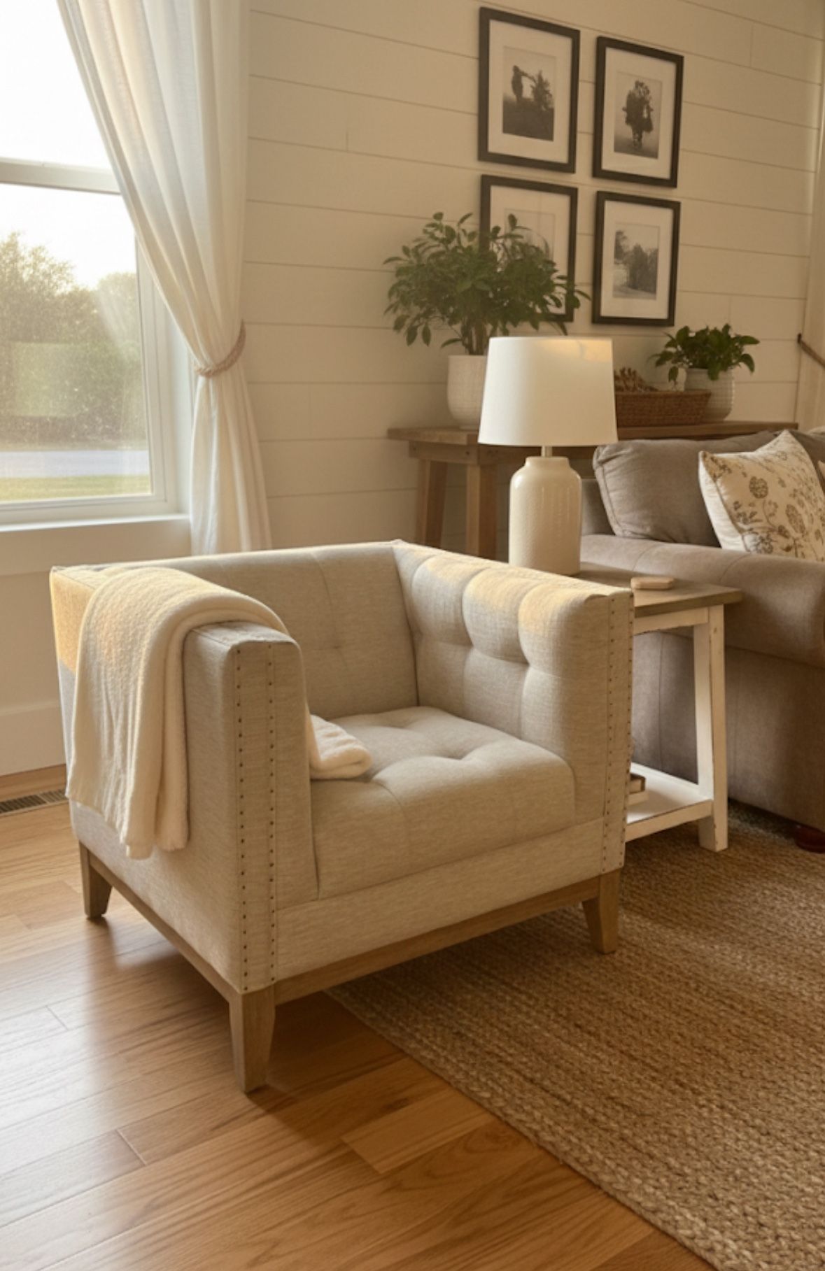 World Market Tufted Arm Chair β Neutral Linen Look