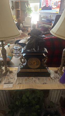 Antique Black Mantel Clock with Bronze Figure